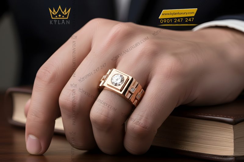 Nhẫn nam vàng hồng Au750 đính kim cương
