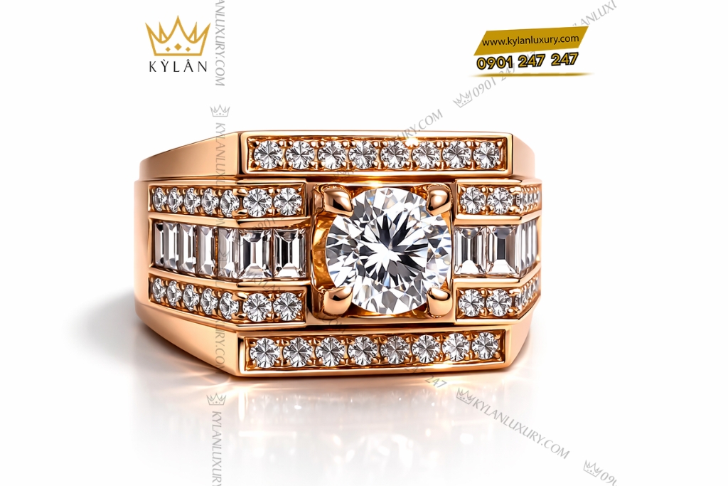 Kỳ Lân Luxury Nhan nam vang hong Au750 dinh kim cuong 2 3 Nhẫn nam vàng hồng Au750 đính kim cương