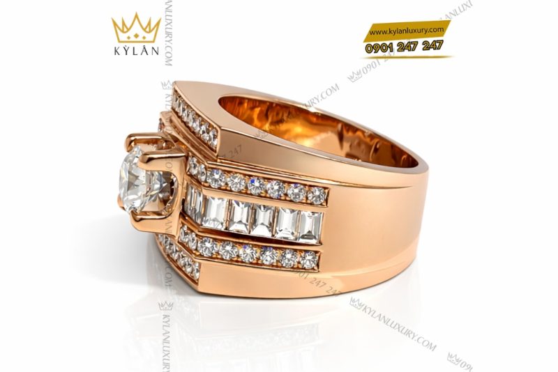 Nhẫn nam vàng hồng Au750 đính kim cương