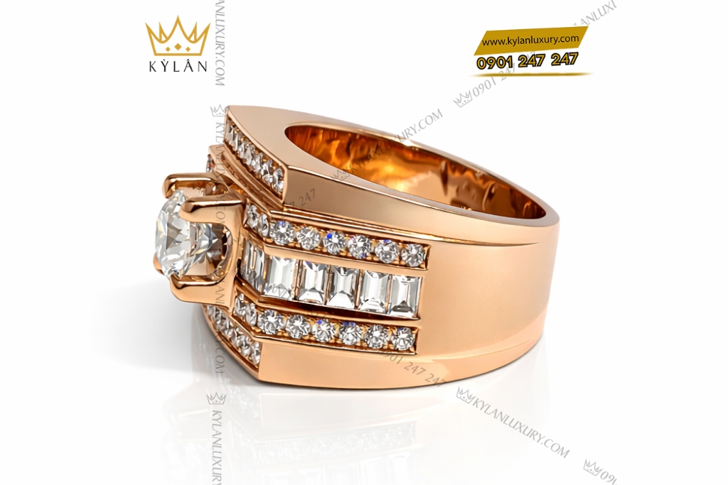 Kỳ Lân Luxury Nhan nam vang hong Au750 dinh kim cuong 3 3 Nhẫn nam vàng hồng Au750 đính kim cương