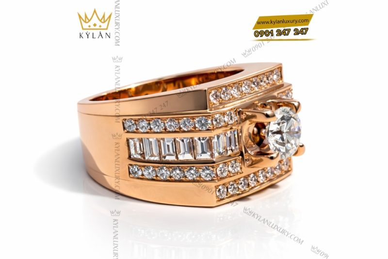 Nhẫn nam vàng hồng Au750 đính kim cương