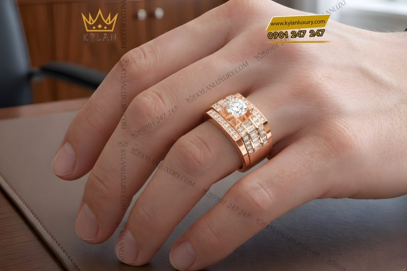 Nhẫn nam vàng hồng Au750 đính kim cương