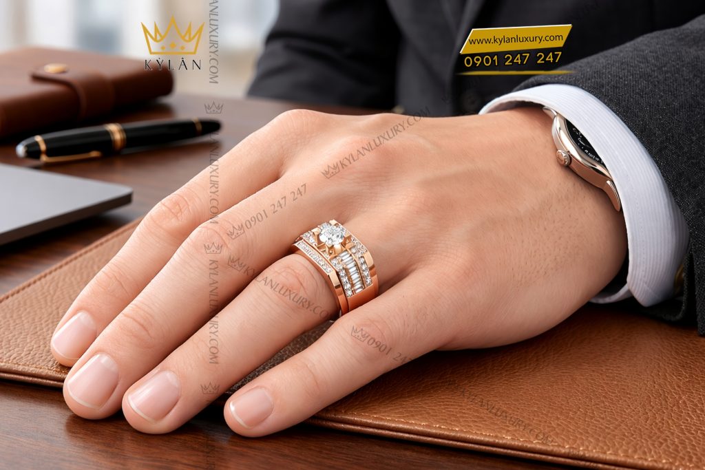 Nhẫn nam vàng hồng Au750 đính kim cương