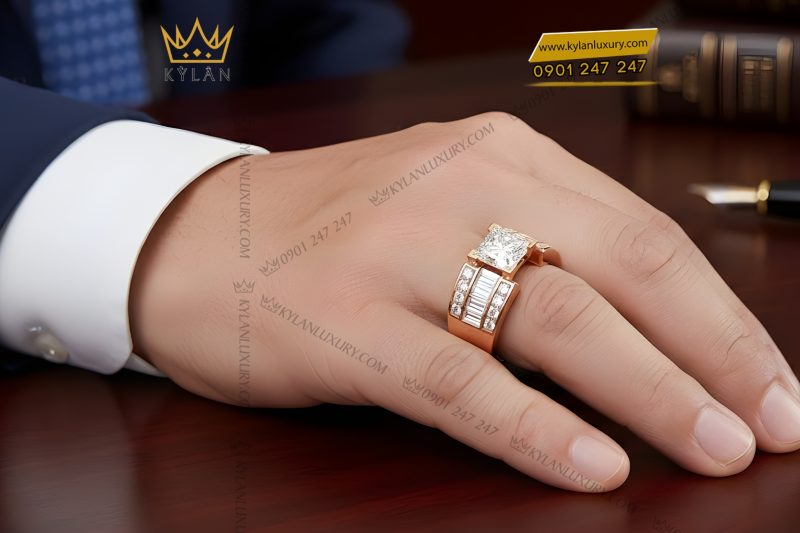 Nhẫn nam vàng hồng Au750 đính kim cương