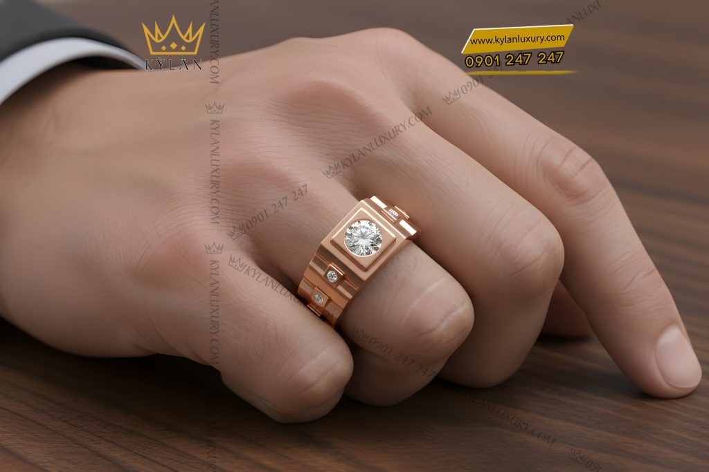 Kỳ Lân Luxury Nhan nam vang hong Au750 dinh kim cuong 9 1 Nhẫn nam vàng hồng Au750 đính kim cương
