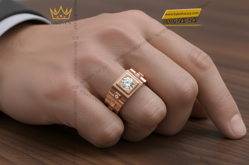 Nhẫn nam vàng hồng Au750 đính kim cương