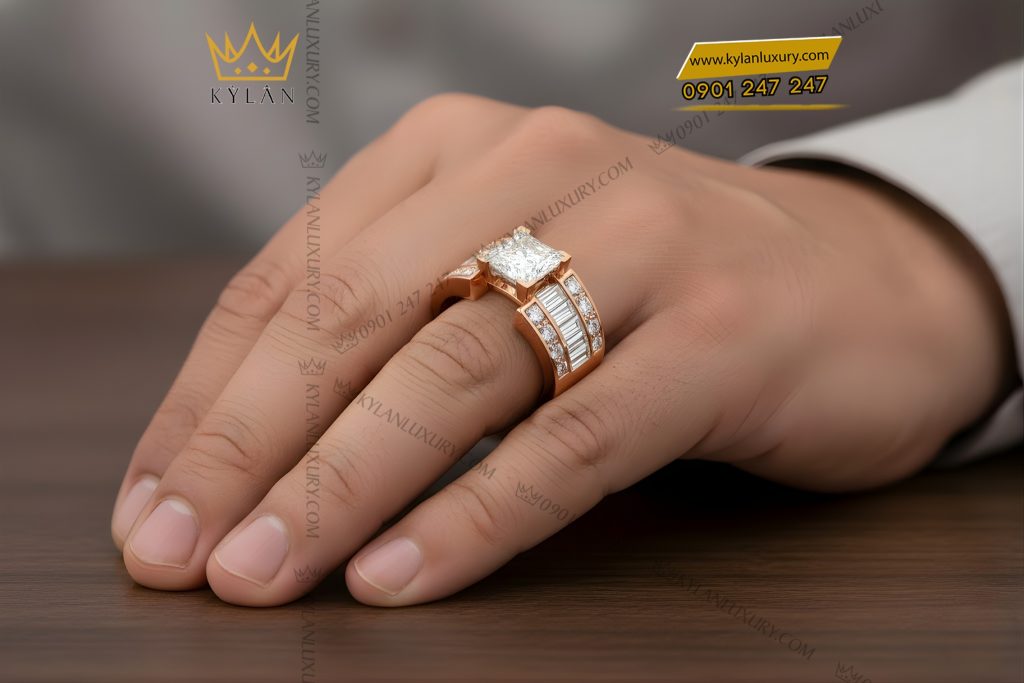 Nhẫn nam vàng hồng Au750 đính kim cương