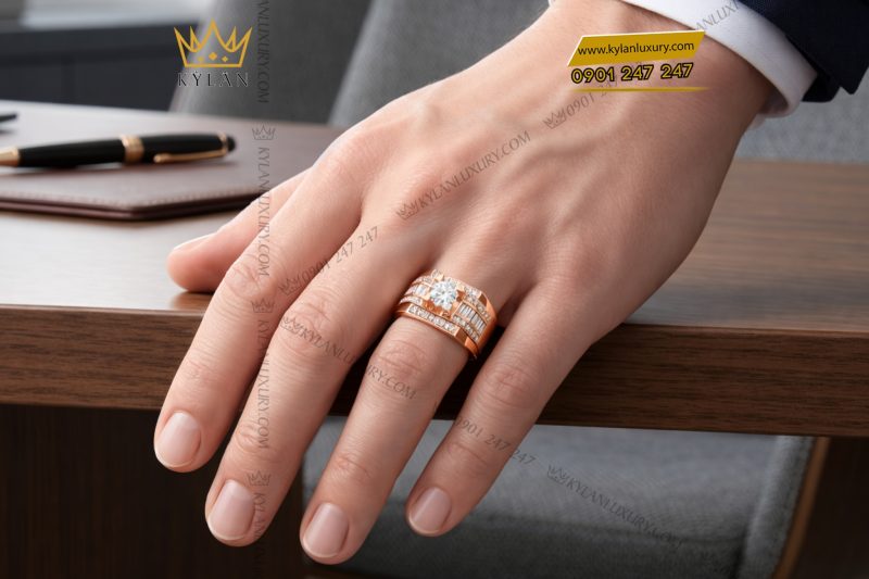 Nhẫn nam vàng hồng Au750 đính kim cương