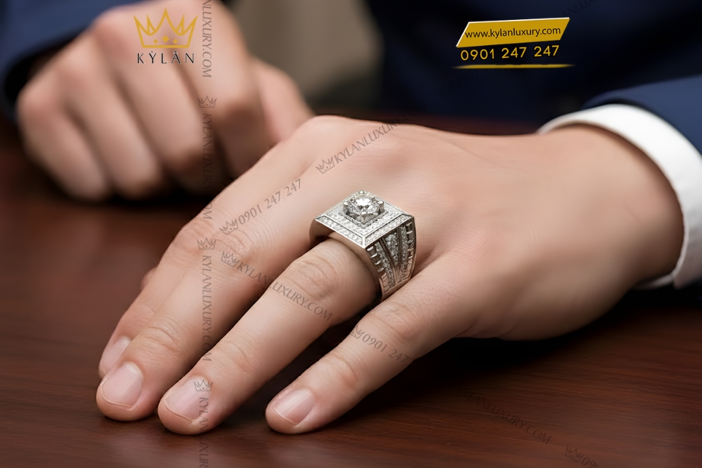 Nhẫn nam vàng trắng Au750 đính kim cương