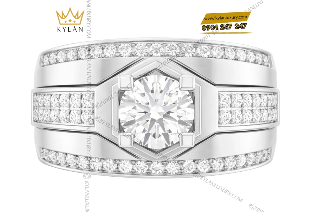Nhẫn nam vàng trắng Au750 đính kim cương