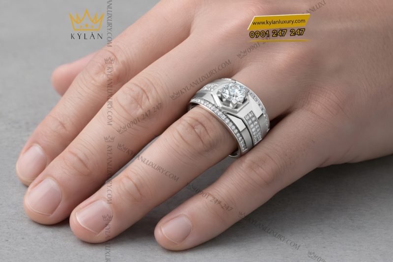 Nhẫn nam vàng trắng Au750 đính kim cương
