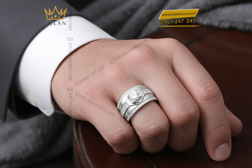 Kỳ Lân Luxury Nhan nam vang trang Au750 dinh kim cuong 19 Nhẫn nam vàng trắng Au750 đính kim cương