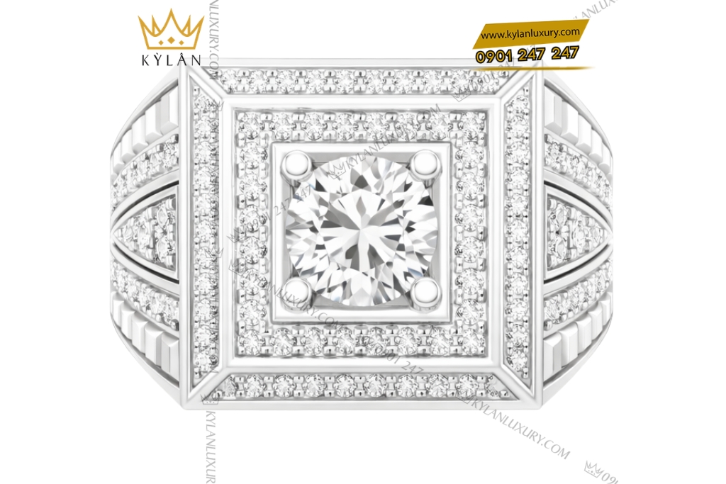 Nhẫn nam vàng trắng Au750 đính kim cương