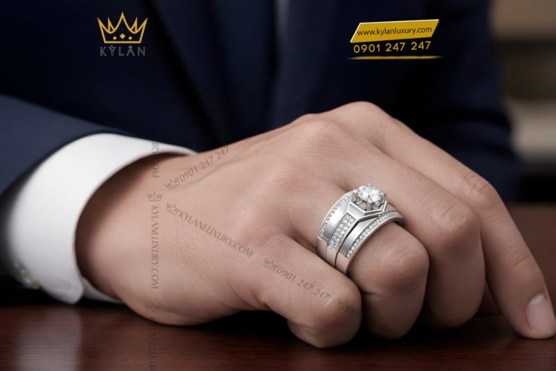 Nhẫn nam vàng trắng Au750 đính kim cương