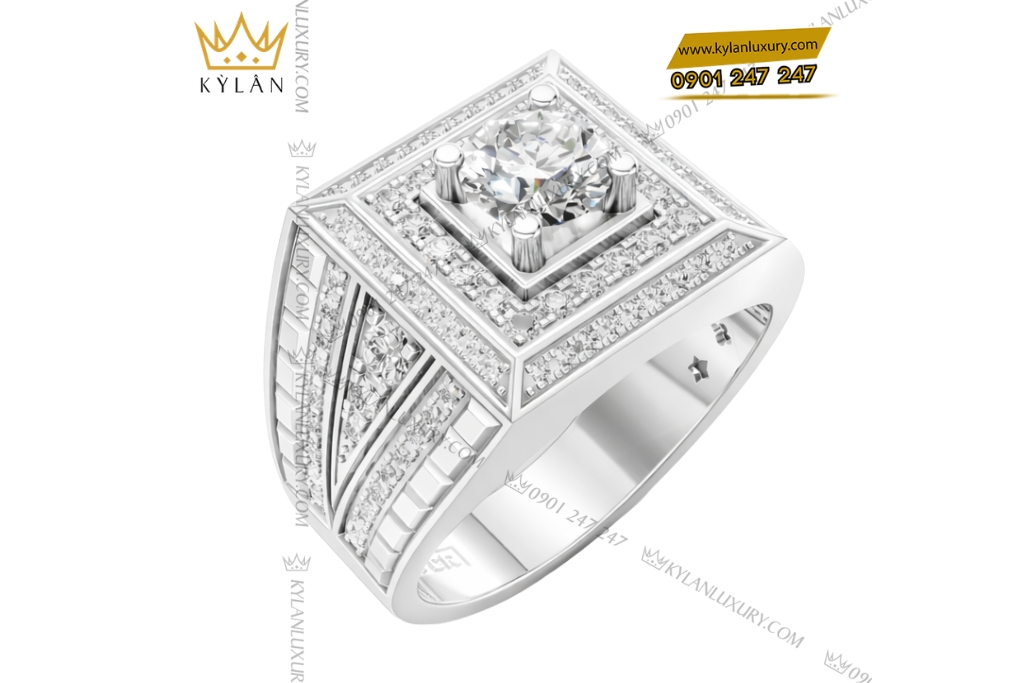 Nhẫn nam vàng trắng Au750 đính kim cương