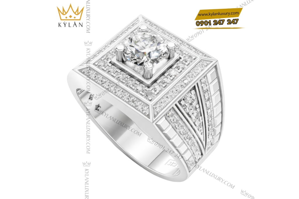 Kỳ Lân Luxury Nhan nam vang trang Au750 dinh kim cuong 4 Nhẫn nam vàng trắng Au750 đính kim cương