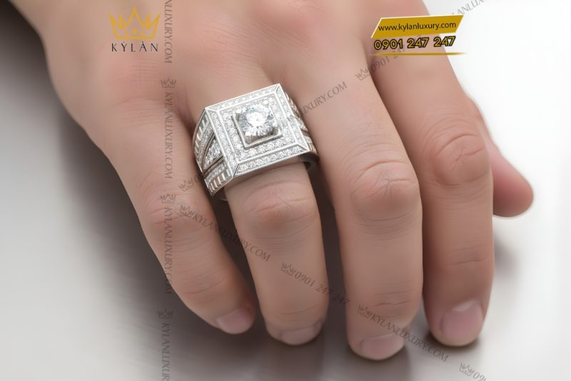 Nhẫn nam vàng trắng Au750 đính kim cương
