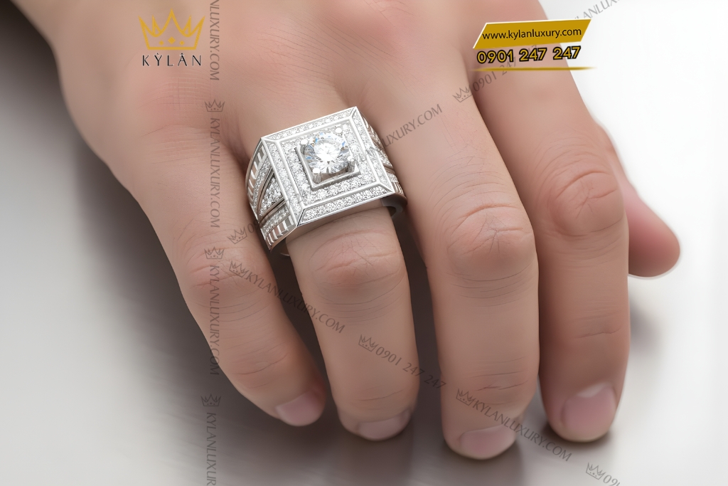 Kỳ Lân Luxury Nhan nam vang trang Au750 dinh kim cuong 7 Nhẫn nam vàng trắng Au750 đính kim cương