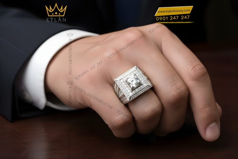 Nhẫn nam vàng trắng Au750 đính kim cương