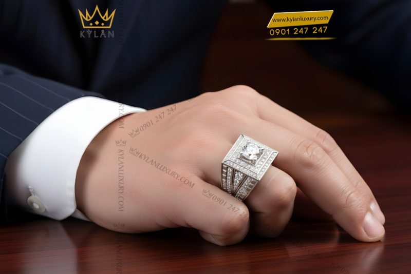 Nhẫn nam vàng trắng Au750 đính kim cương