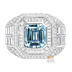 Nhẫn nam vàng trắng Au750 đính kim cương và đá quý xanh