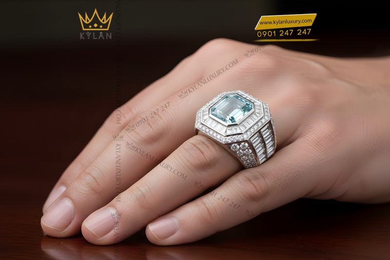 Nhẫn nam vàng trắng Au750 đính kim cương và đá quý xanh