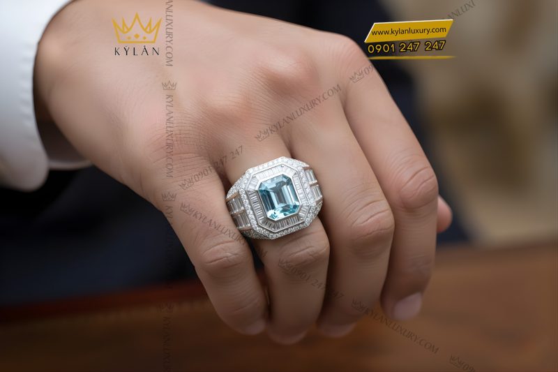 Nhẫn nam vàng trắng Au750 đính kim cương và đá quý xanh