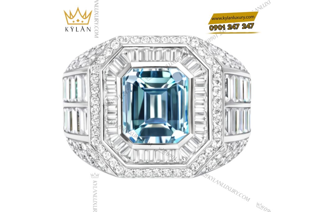 Nhẫn nam vàng trắng Au750 đính kim cương và đá quý xanh 3 Nhẫn nam vàng trắng Au750 đính kim cương và đá quý xanh