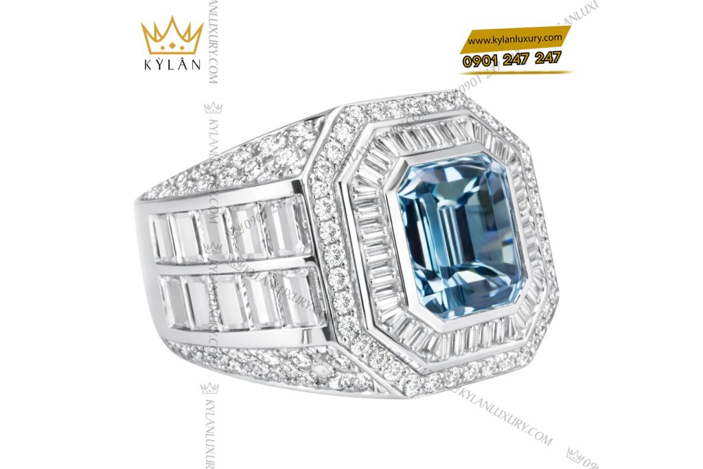 Nhẫn nam vàng trắng Au750 đính kim cương và đá quý xanh 4 Nhẫn nam vàng trắng Au750 đính kim cương và đá quý xanh