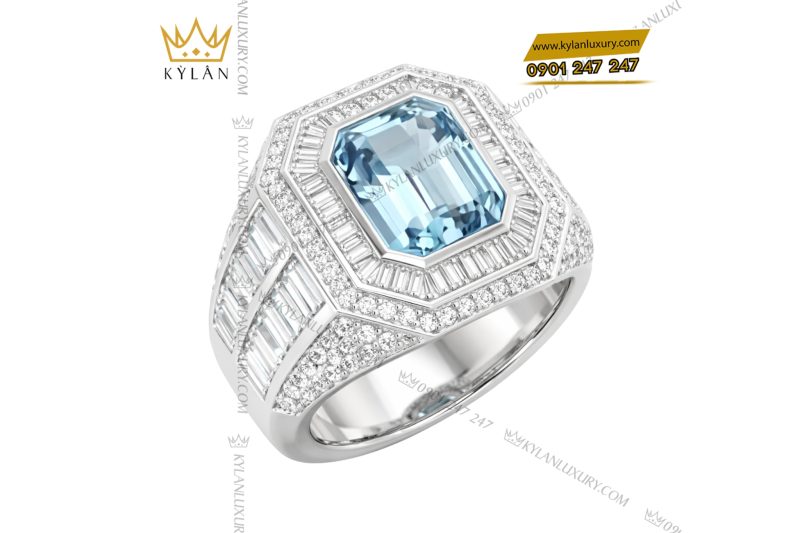 Nhẫn nam vàng trắng Au750 đính kim cương và đá quý xanh