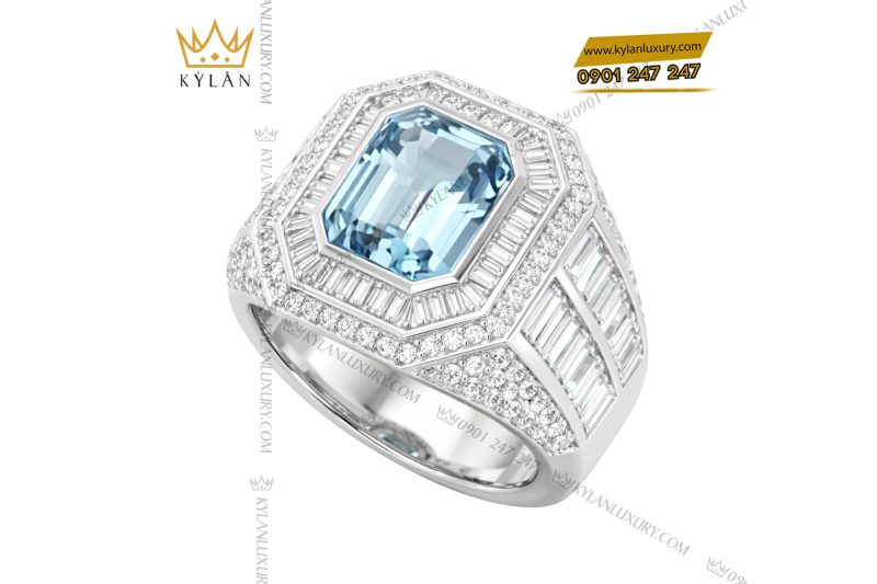 Nhẫn nam vàng trắng Au750 đính kim cương và đá quý xanh