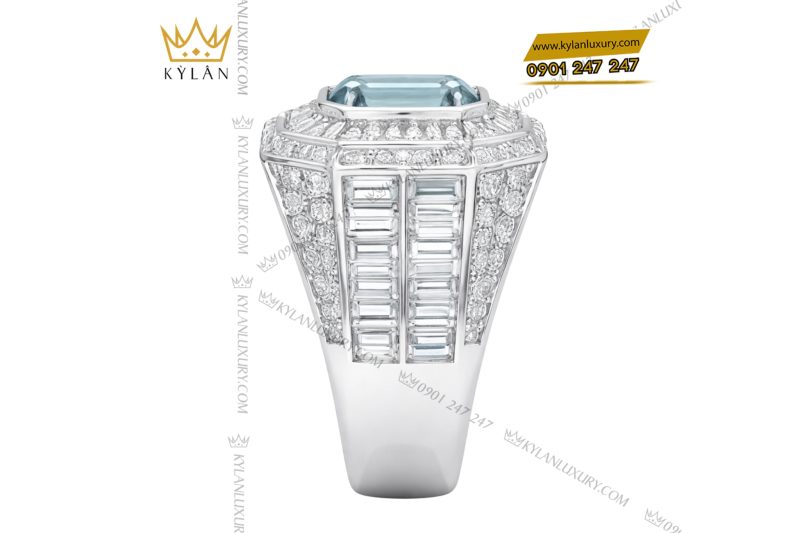 Nhẫn nam vàng trắng Au750 đính kim cương và đá quý xanh