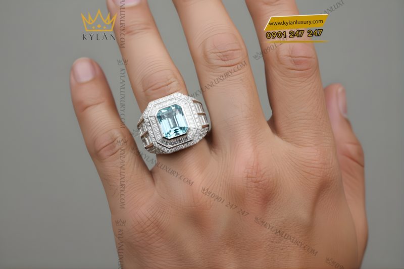 Nhẫn nam vàng trắng Au750 đính kim cương và đá quý xanh