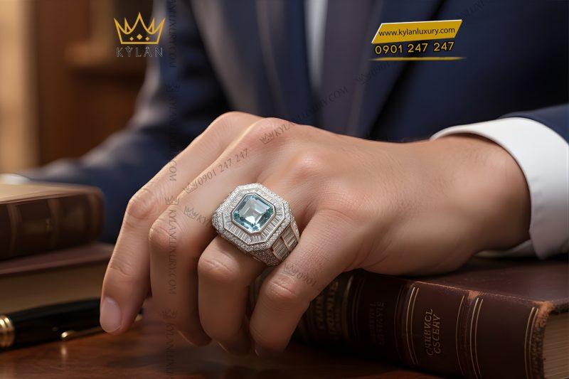 Nhẫn nam vàng trắng Au750 đính kim cương và đá quý xanh