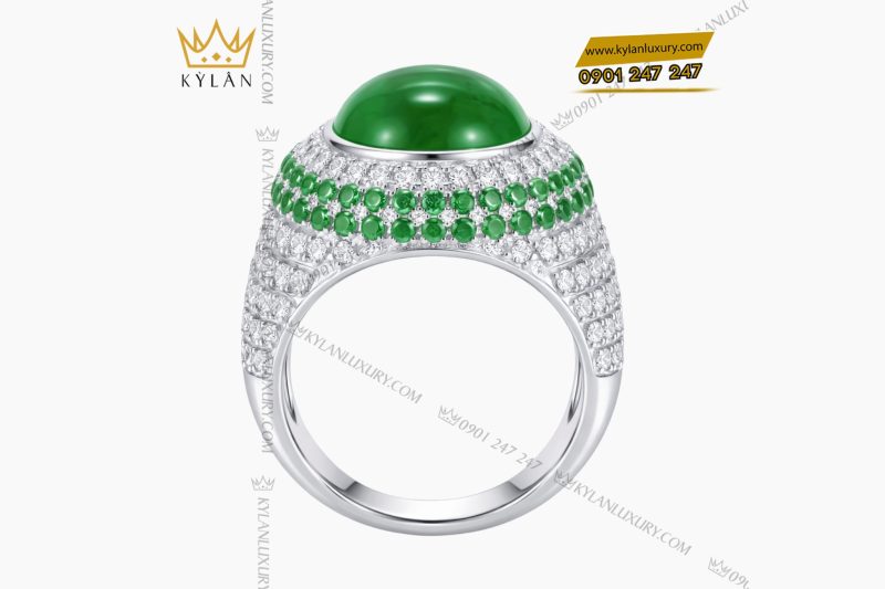 Nhẫn nam vàng trắng Au750 đính kim cương và ngọc lục bảo