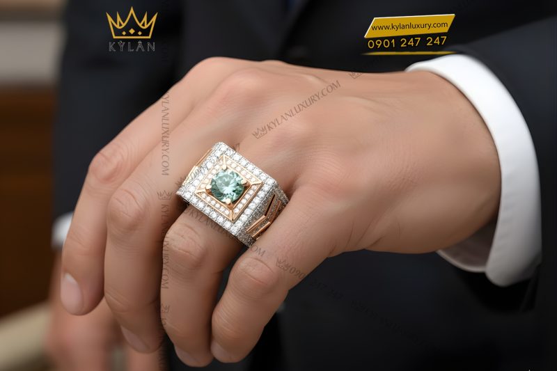 Nhẫn nam vàng trắng mix vàng hồng đính kim cương và đá quý xanh