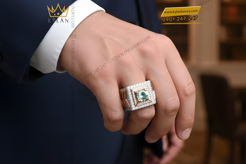 Nhẫn nam vàng trắng mix vàng hồng đính kim cương và đá quý xanh