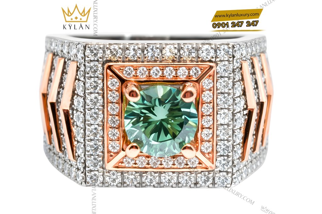 Nhẫn nam vàng trắng mix vàng hồng đính kim cương và đá quý xanh