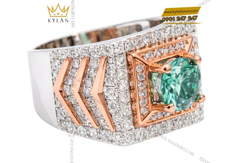 Nhẫn nam vàng trắng mix vàng hồng đính kim cương và đá quý xanh
