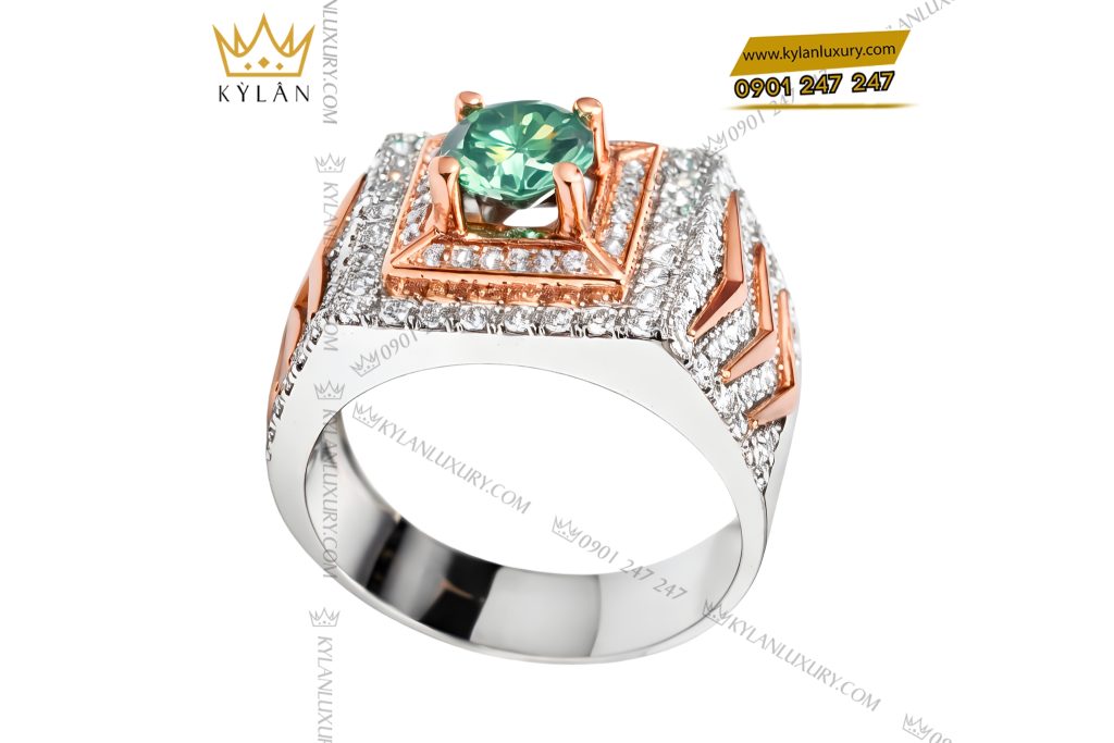 Kỳ Lân Luxury Nhan nam vang trang mix vang hong dinh kim cuong va da quy xanh 5 Nhẫn nam vàng trắng mix vàng hồng đính kim cương và đá quý xanh