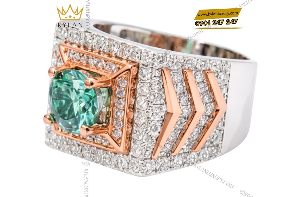 Kỳ Lân Luxury Nhan nam vang trang mix vang hong dinh kim cuong va da quy xanh 6 Nhẫn nam vàng trắng mix vàng hồng đính kim cương và đá quý xanh