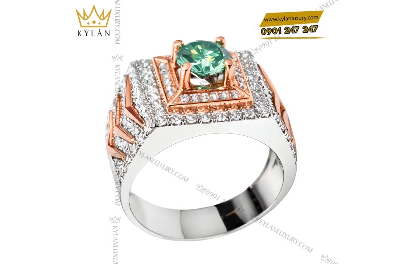 Nhẫn nam vàng trắng mix vàng hồng đính kim cương và đá quý xanh