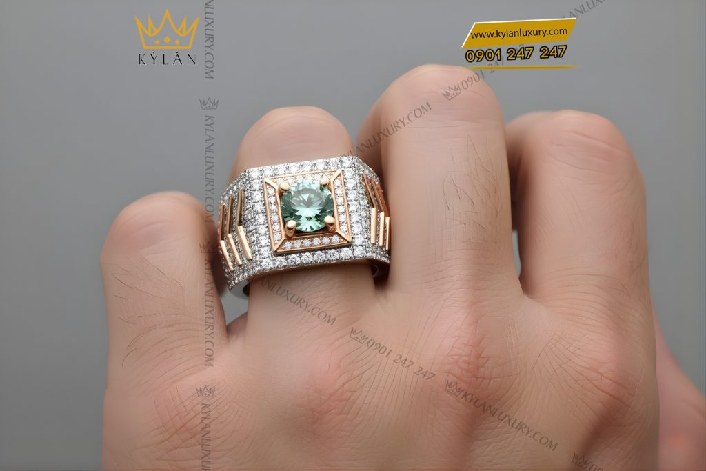 Kỳ Lân Luxury Nhan nam vang trang mix vang hong dinh kim cuong va da quy xanh 8 Nhẫn nam vàng trắng mix vàng hồng đính kim cương và đá quý xanh
