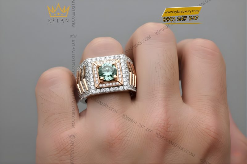 Nhẫn nam vàng trắng mix vàng hồng đính kim cương và đá quý xanh