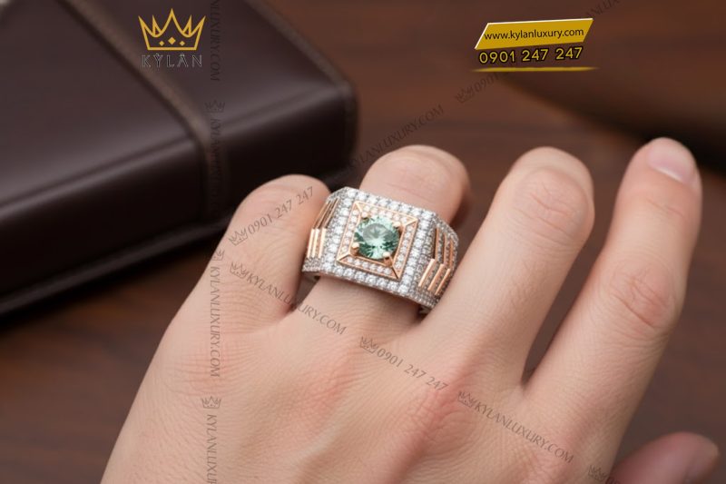 Nhẫn nam vàng trắng mix vàng hồng đính kim cương và đá quý xanh