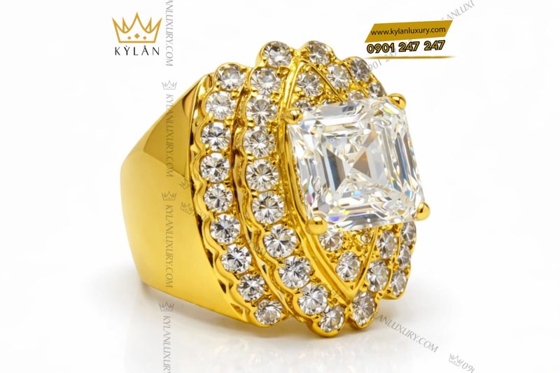 Nhẫn nam vàng vàng Au750 đính viên chủ kim cương vuông 12ly