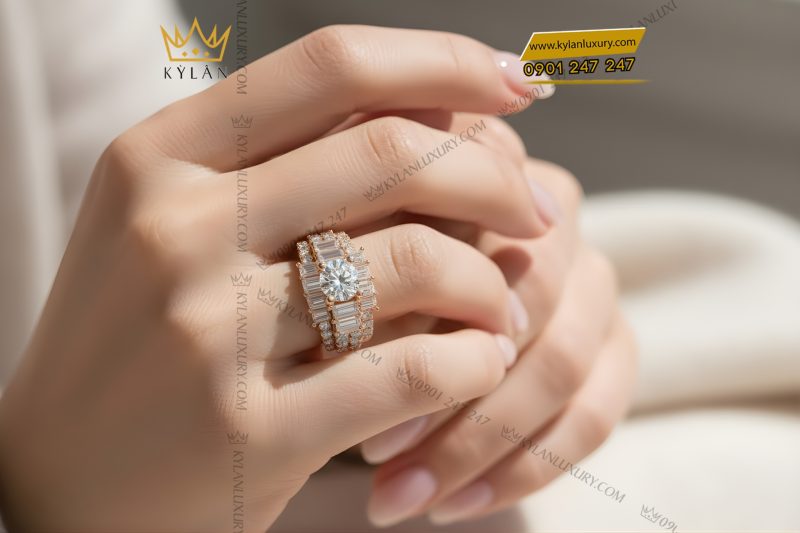 Nhẫn nữ vàng hồng Au750 đính kim cương