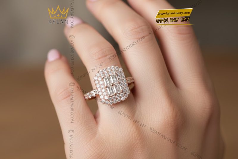 Nhẫn nữ vàng hồng Au750 đính kim cương
