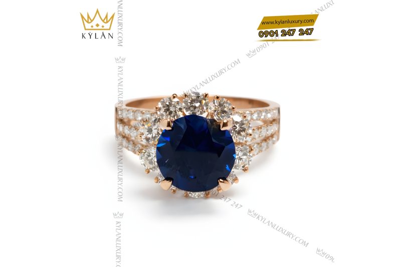 Nhẫn nữ vàng hồng Au750 đính kim cương và đá sapphire xanh