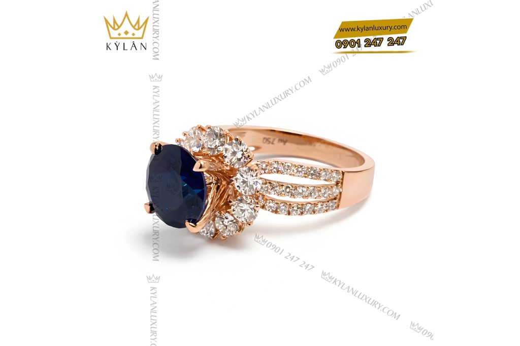 Nhẫn nữ vàng hồng Au750 đính kim cương và đá sapphire xanh